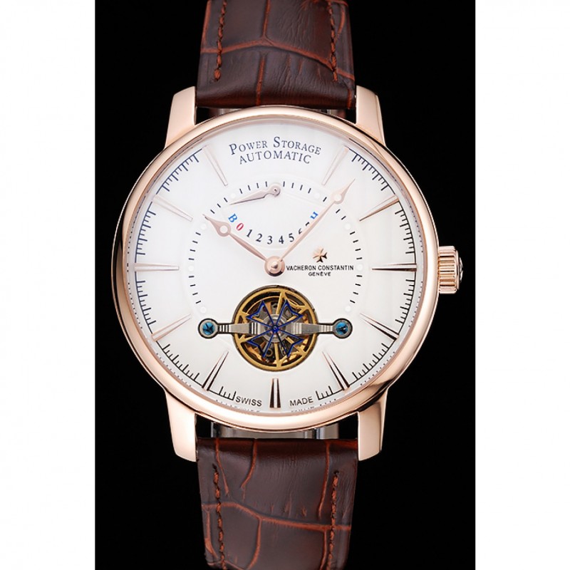 Vacheron Constantin Tourbillon Power Reserve weiBes Zifferblatt Gold Kasten Brown Leder Armband 1454274 Schweizer replica uhren kaufen