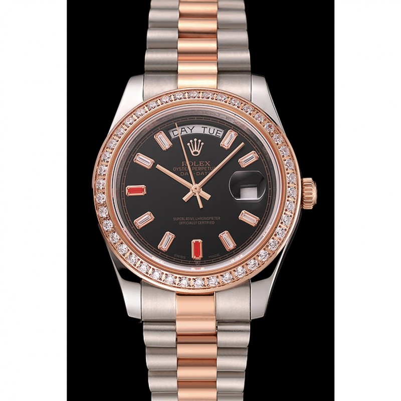 Schweizer Rolex DayDate Diamanten und Rubinen Schwarzes Zifferblatt Rose Gold und Staineless