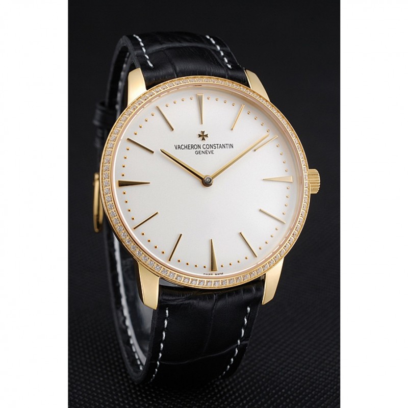Schweizer Vacheron Constantin Patrimony GroB Taille weiBes Zifferblatt Gold Diamant Kasten Schwarz Leder Armband 1454181 Schweizer replica uhren kaufen
